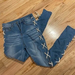 Lace up blue jeans